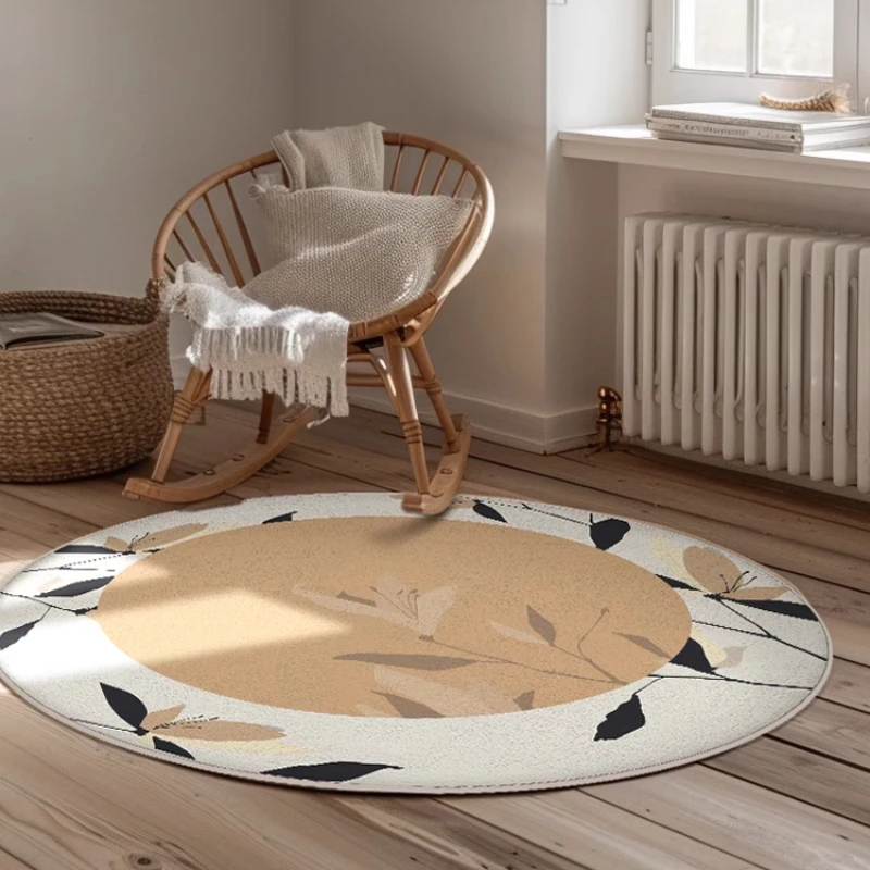 Vintage Round Khaki Living Room Large Area Carpets Soft Non-slip Bedroom Bedside Carpet Stain Resistant Plant Pattern Porch Rugs