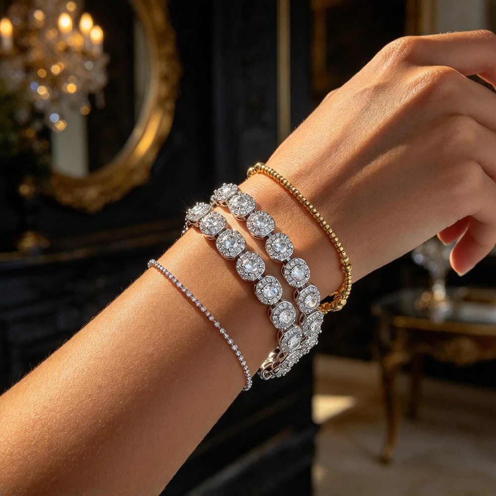 Iced Out Round Moissanite Halo Tennis Bracelet Women Geometric Square CZ Cluster Chain 8mm Men Boy Rhodium Plating Jewelry