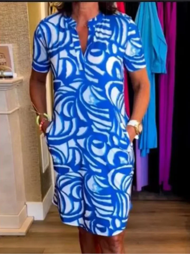 Sukienka w modny wzór, damska, codzienna, z dekoltem w serek, krótkim rękawem, luźna, dla kobiet, w stylu boho, na wakacje, na plażę, spódnica, odzież damska, nowość na lato.