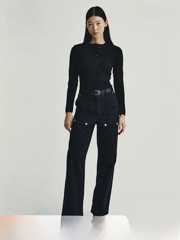 

H&M Women's Knitted Base irt Springtime Warm inside out Ribbed Knitwear Casual Fit Button Sle Polyester Lycra Cotton Blend