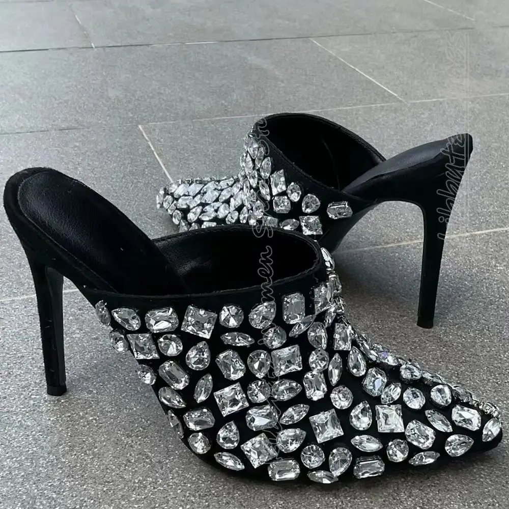 

Bordered Rhinestone Glossy Slipper Crystal Slip-On Fashion Luxury Novelty Sexy Women Shoes Pointed Toe Thin High Heels Pumps New