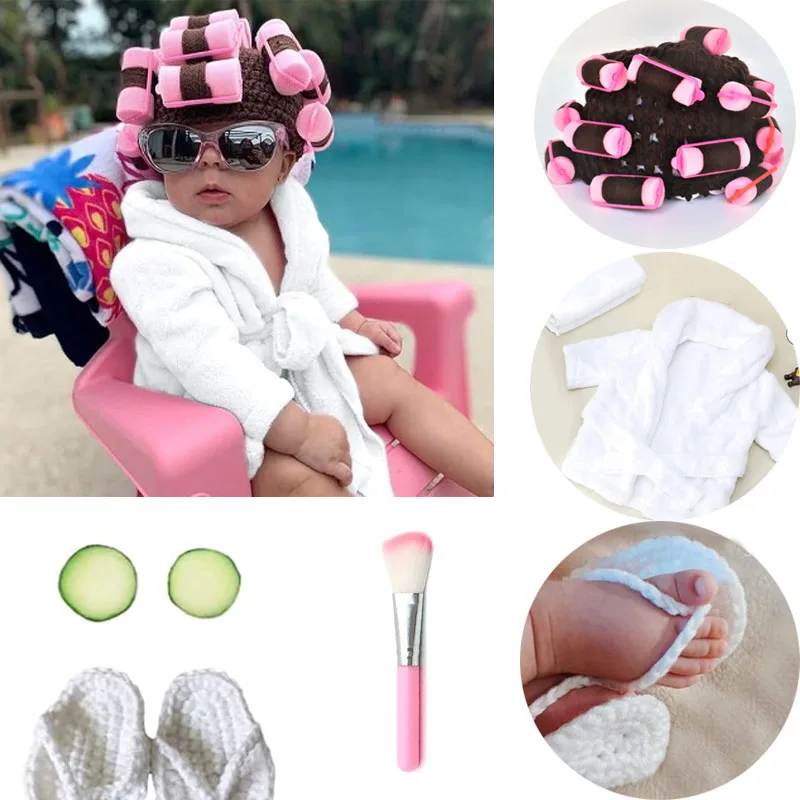 7pcs-newborn-photoshoot-baby-curler-wig-hat-bathrobe-set-with-towel-slippers-cucumber-makeup-brush-infant-photo-studio-props