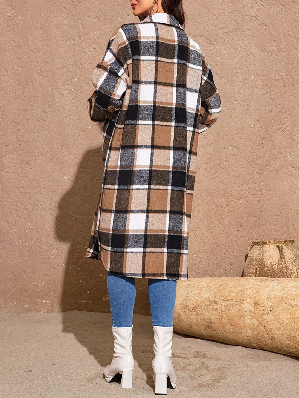 Plus Size 1XL-5XL Women Fashion Plaid Printing Long Coat Ladies Autumn and Winter Long Sleeve Temperament Long Coat