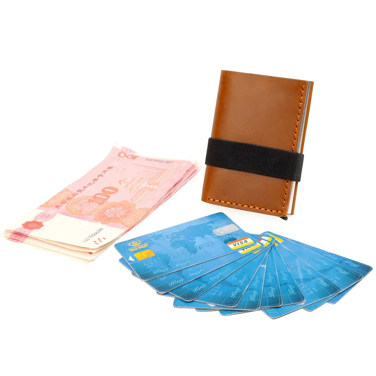 Pop-Up Credit Card Case with RFID Protection Genuine Leather Wallet with Compartment for Notes and Coins for Men and Women