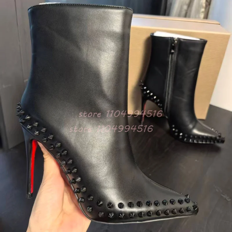 

Black Rivet Pointed Stiletto Ankle Boots Women Side Zipper Leather High Heels Boots Fashion Party Catwalk Lady Shoes New Arrival