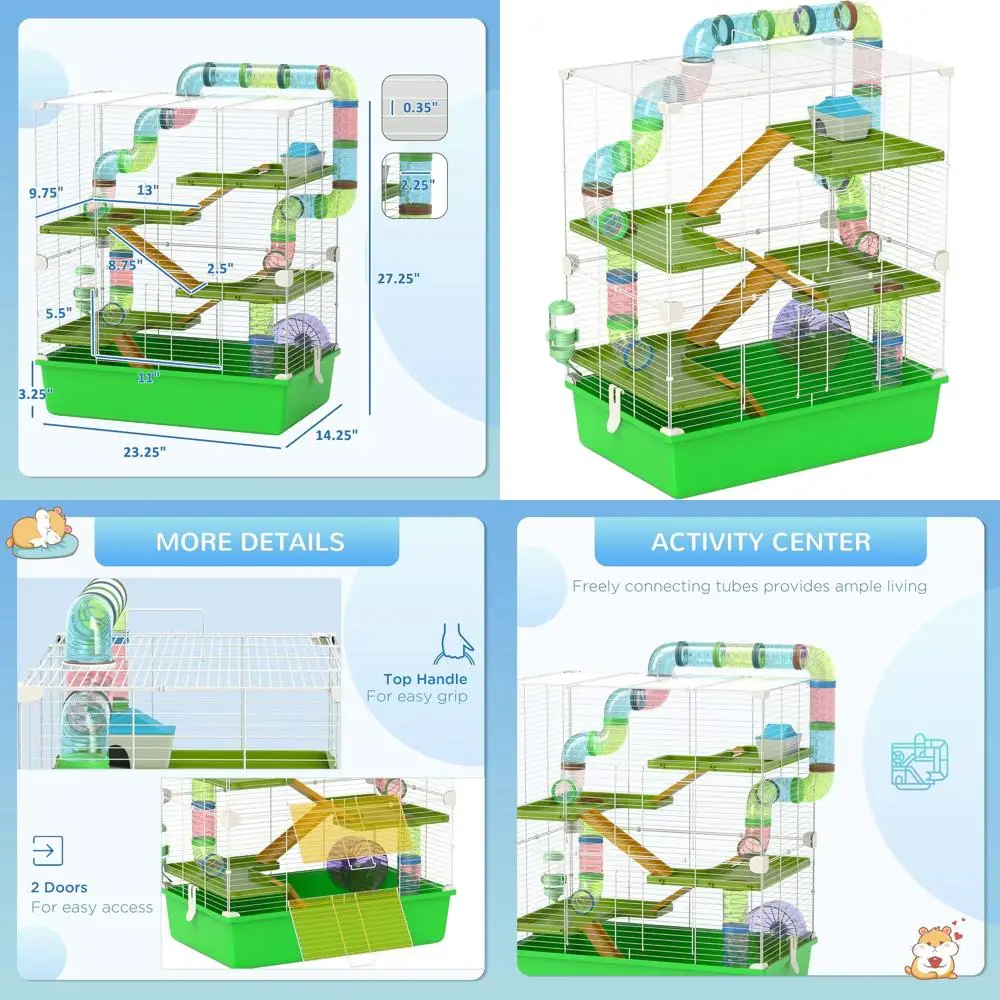 

Портативный 5-уровневый вольер для хомяков с колесом для бега, поилкой и миской для корма, подходит для крыс и мышей, зеленый