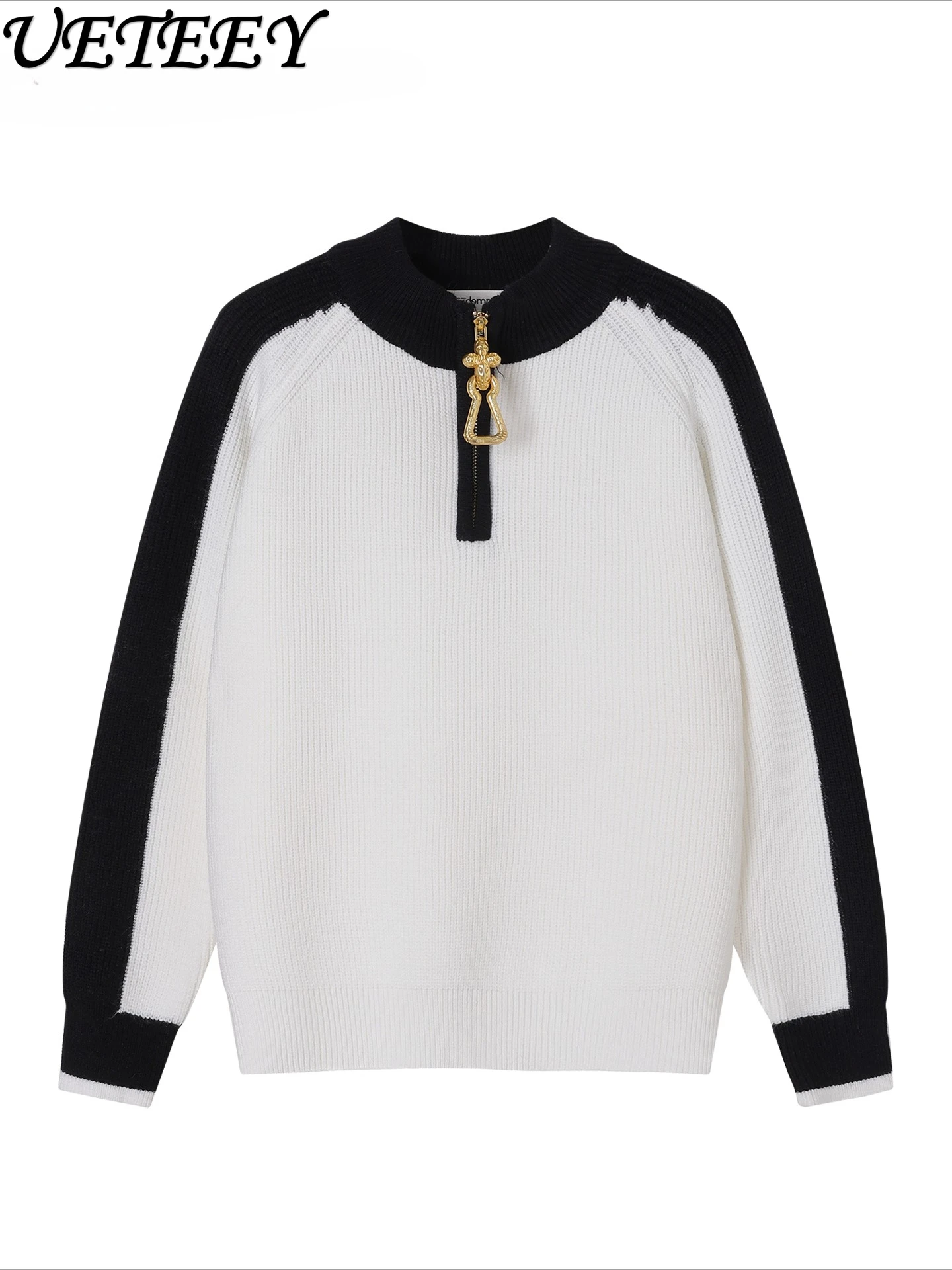 Jesienno-zimowy sweter damski z metalowym pół-zipem, w nowym stylu color-block, dzianinowy, z designerskim akcentem, uniwersalny sweter do noszenia na wierzch.