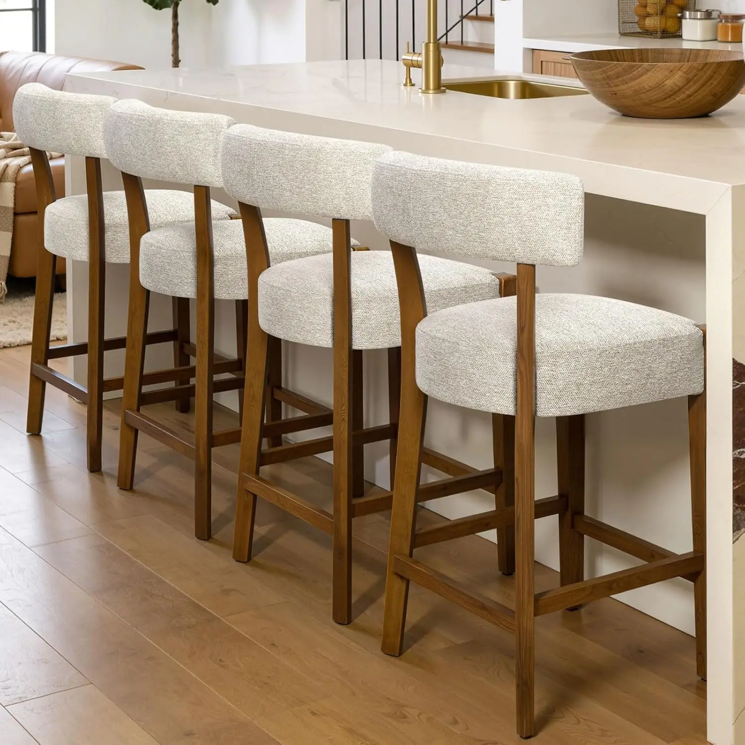 26 Inch Counter Height Bar Stools Set of 4, Upholstered Beige Linen Fabric Barstools with Solid Walnut Wood Legs,, Customized