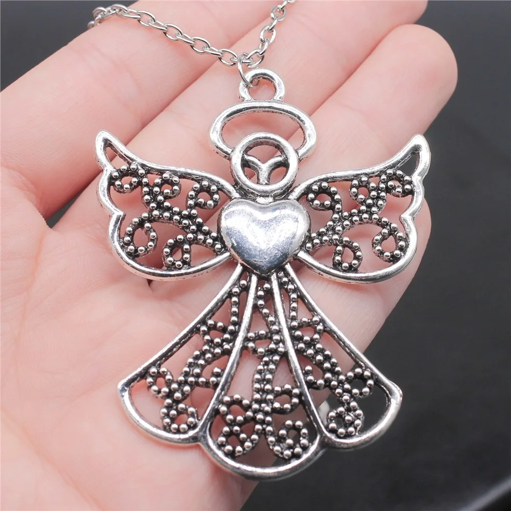 Antique Silver Color 54x68mm Angel Pendant Necklace For Women Men Long Chain Necklace