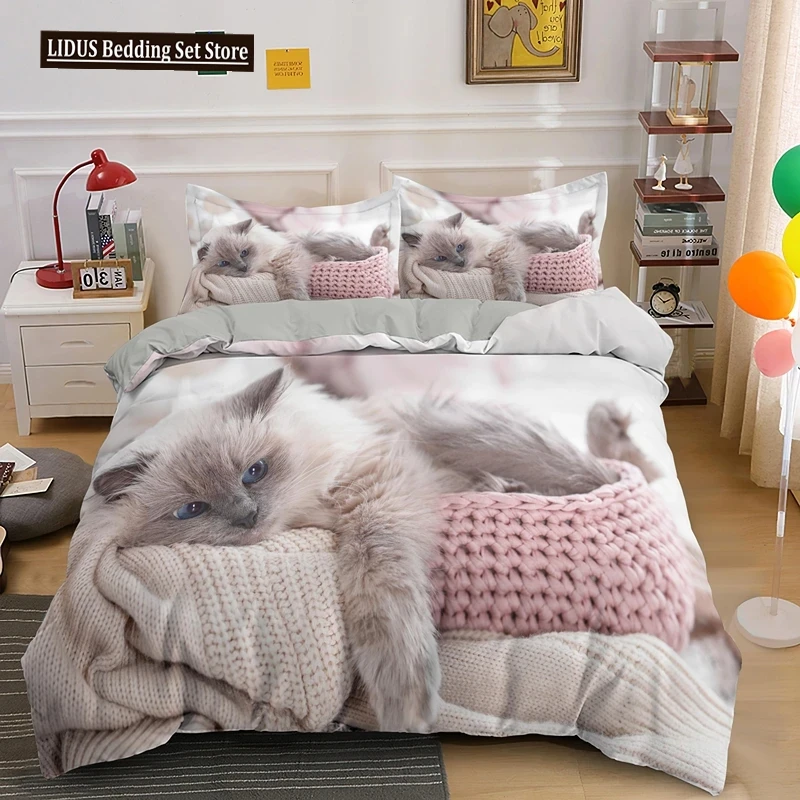 

3D Cat Bedding Set Luxury Animal Duvet Cover With Pillowcase Queen King Single Double Size For Girls Boy Polyester Quilt Cover