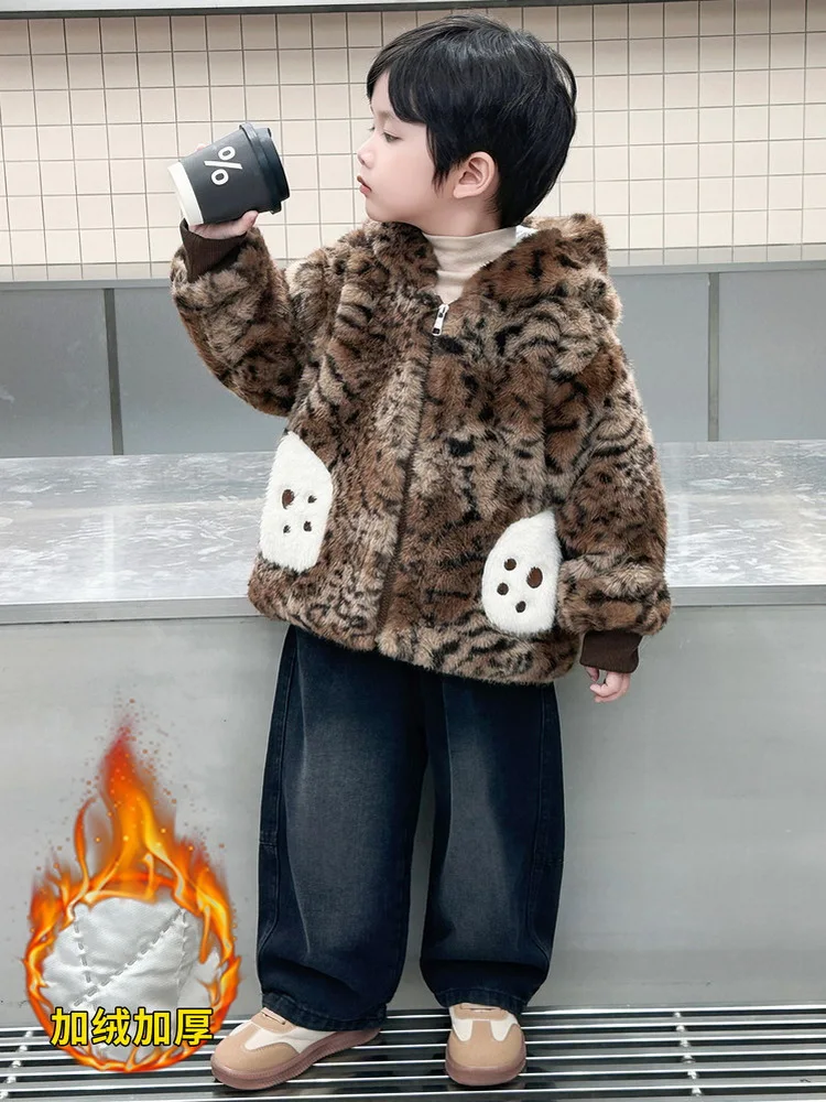 2025 Fleece Winter Children Outwear Hoodies Leopard Tiger Coat Kids Jacket For Boys Girls Thick Plush Parkas Teen Boy Warm Coat