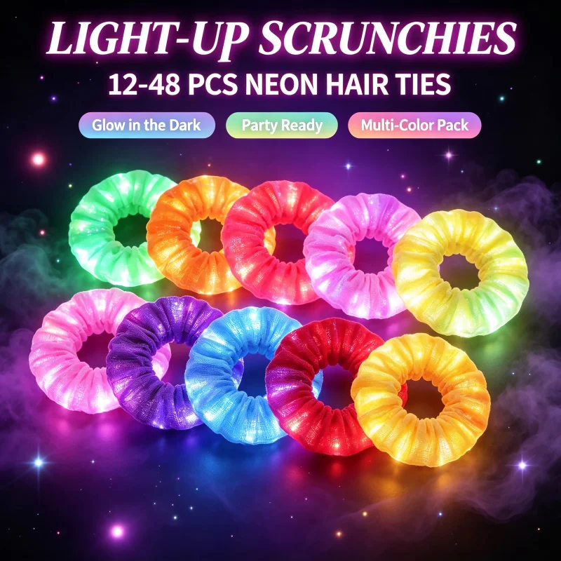 12-48Pcs LED Hair Scrunchie Light Up Hair Scrunchy for Women Satin Elastic Hairband Christmas Glow in the Dark Party Supplies