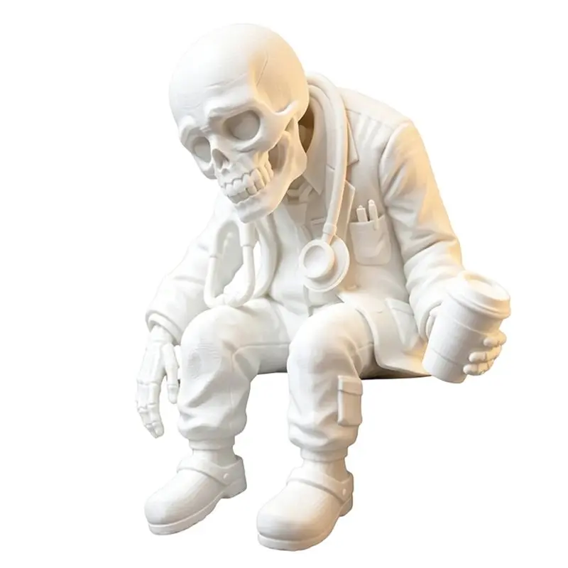 ABMH-Funny Tired Worker Statue Skeleton Figurine 3D-Printed Halloween Skeleton Desk Ornament