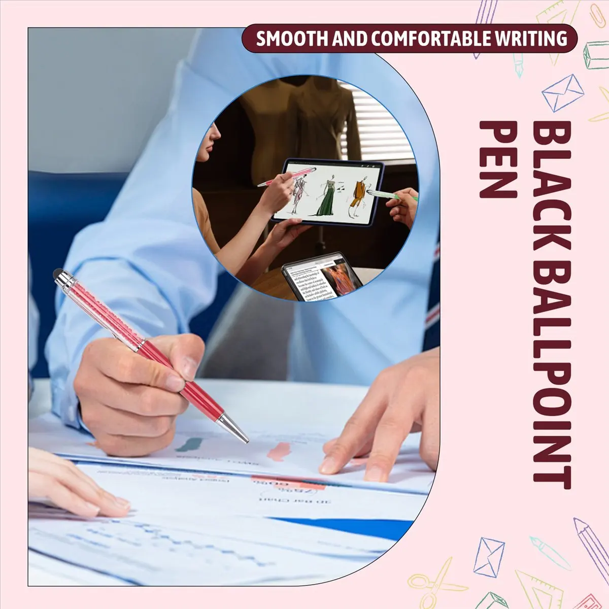 BHBL 40Pcs Crystal Ballpoint Pen Bulk Shiny 2 in 1 Slim Crystal Screen Stylus Black Gel Ink Ballpoint Glitter Pen