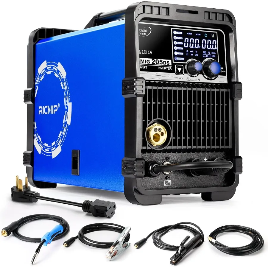 RILAND MIG205DS PRO 200Amp آلة لحام MIG ذات الجهد المزدوج لإصلاح السيارات وتصنيع المعادن ومشاريع ذاتية الصنع 5in1 متعددة