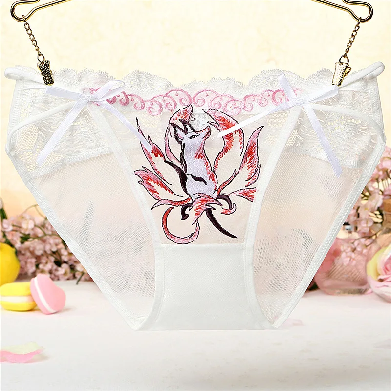 Summer Sexy Women's Panties Thin Breathable Lace Hollow Design Korean Version Low Waist Hip Lifting Cotton Triangle Fox Embroide