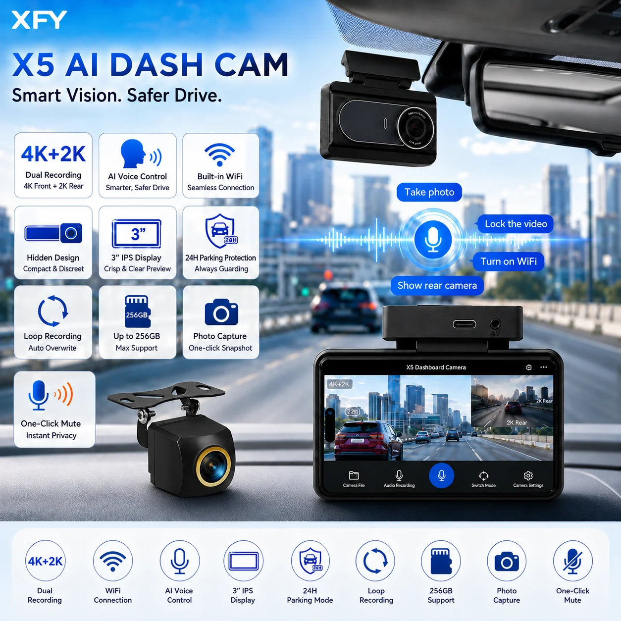 XFY X5 4K Car Dash Cam with 2K Rear Camera AI Voice Control WiFi Driving Recorder 3 Inch IPS Display Parking Mode NEW 2026