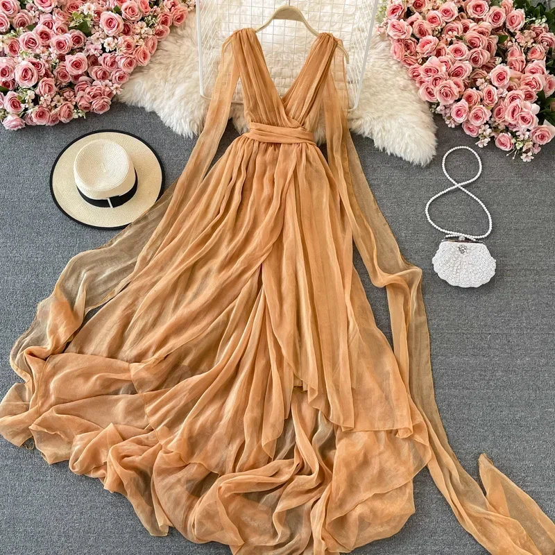 Super Fairy Maxi Chiffon Dress Women Elegant V-neck Sleeveless Big Swing Beach Dress Holiday Seaside Court Train White Dress