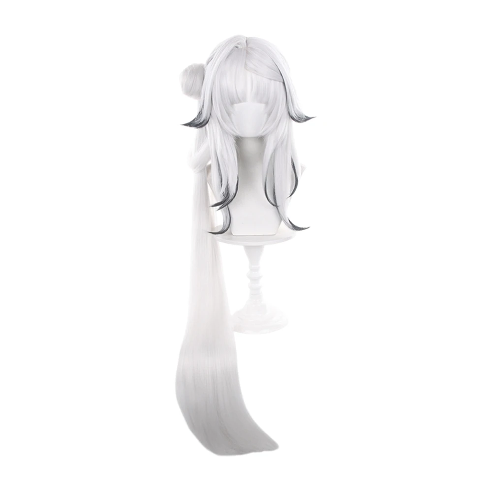 White Long Straight Cosplay Wig with Black Tips and Side Bun Synthetic Heat Resistant for Women Anime Halloween