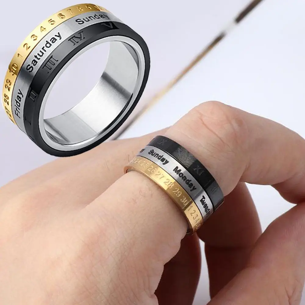 New Male Roman Numerals Date Time Calendar Rotatable Spinner Joint Ring Men Ring Fashion Jewelry Finger Ring