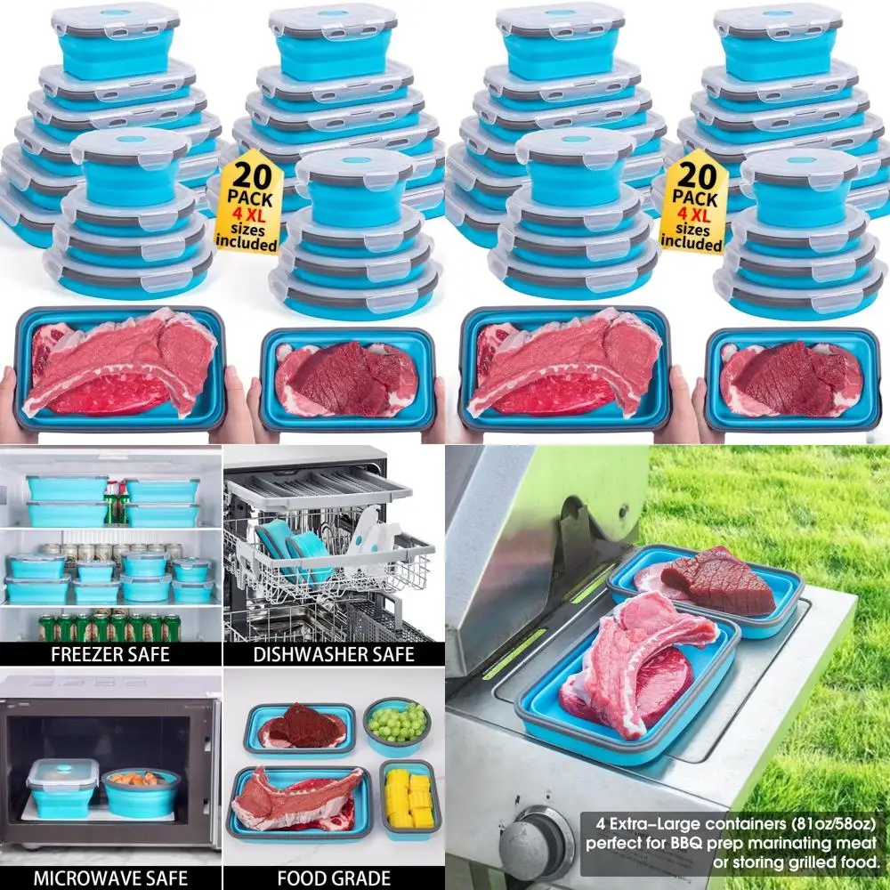 

20-Pack Collapsible Food Storage Containers with Lids, 8 Rectangular & 12 Round, Extra Large, Microwave, Freezer, Dishwasher Saf