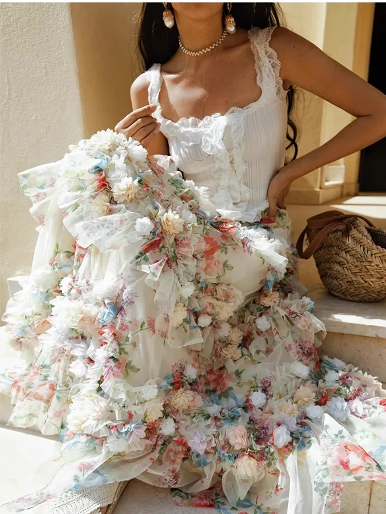 60-74cm Waist Spring Maxi Skirt Women Elegant French Vacation Skirt Luxury HandmadeThree-Dimensional Flowers Holiday Mesh Skirts