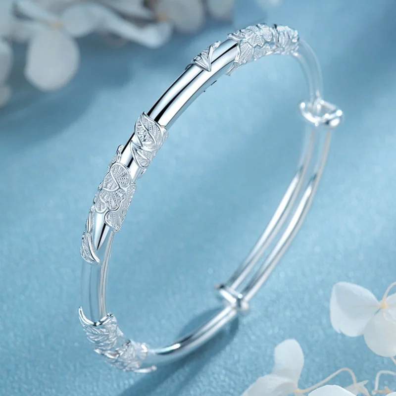 S999 Pure Silver Adjustable Push Pull Bangle For Women Lotus Flower Carved Bracelet Jewelry Birthday   Gift For irlfriend Wife