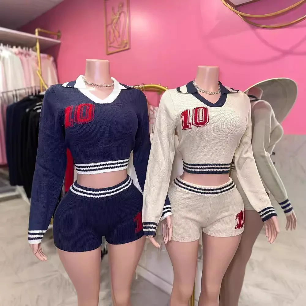 폴로넥 긴팔 크롭탑 + 반바지 캐주얼 섹시 슈트 2025 여름 Y2K 레터 자카드 하이 스트레치 니트 투피스 세트 여성