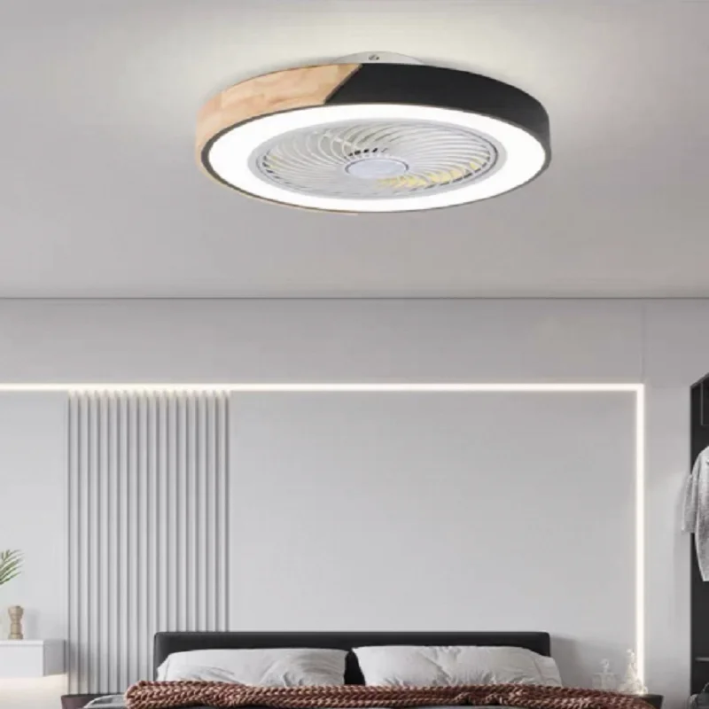 

Ceiling fan lamp for bedroom Nordic restaurant, solid wood black hanging fan lamp invisible with cover