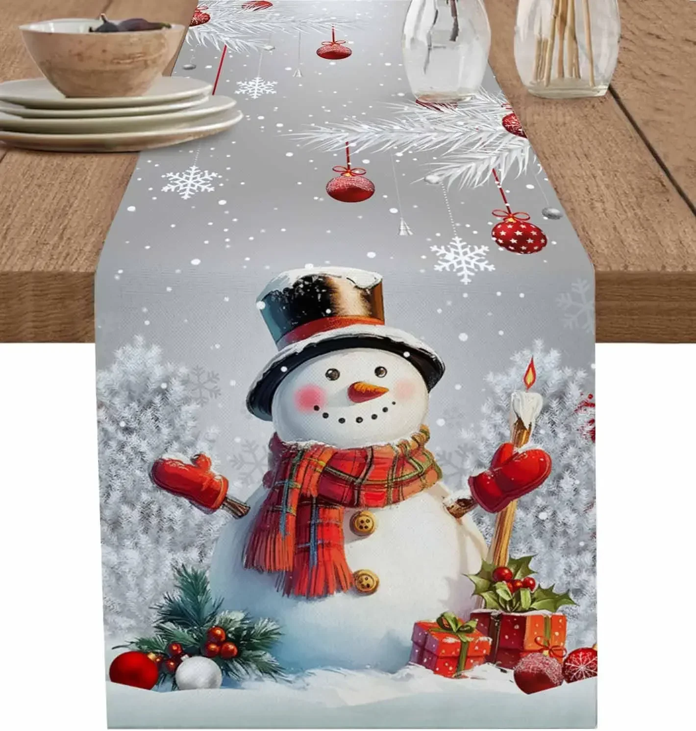 Natal boneco de neve corredor de mesa cômoda cachecóis inverno árvore de natal bolas vermelhas fazenda cozinha corredor decorações de natal