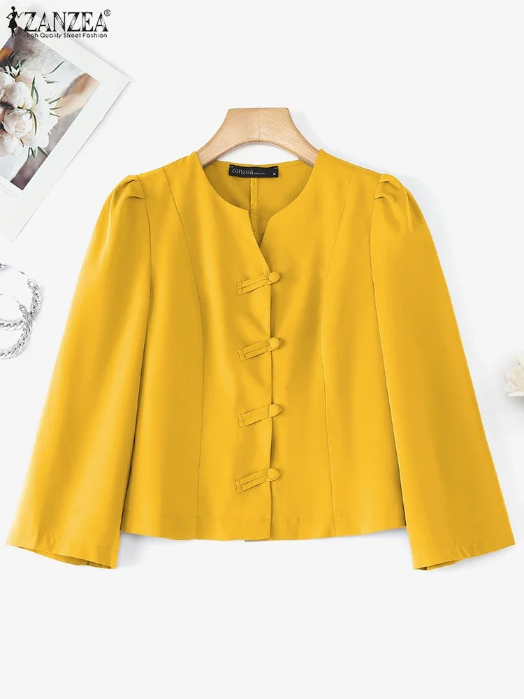 ZANZEA Camicie alla moda Donna Autunno Elegante OL Office Lady Camicette Manica a 3/4 Bottoni solidi Tunica Top Con scollo a V Blusas coreani