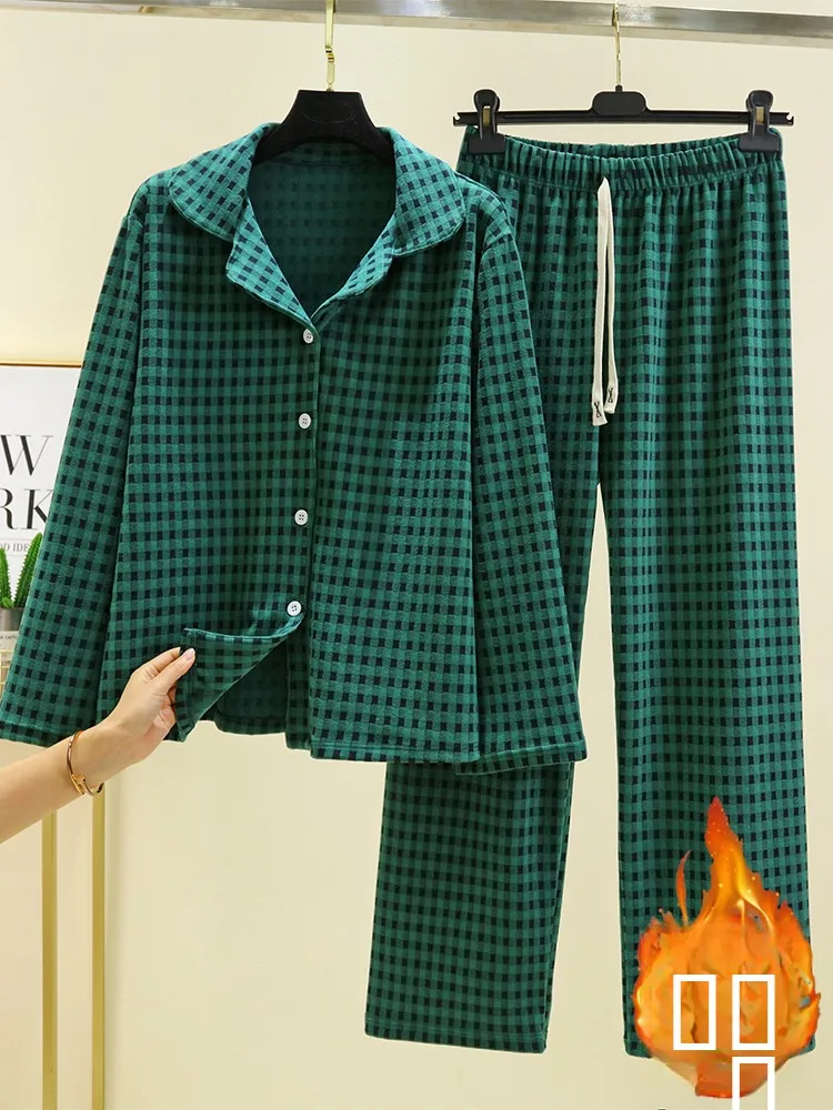 

Зимний клетчатый комплект домашней одежды, женская фланелевая пижама с длинными рукавами и воротником, повседневный теплый домашний костюм больших размеров из двух предметов для отдыха