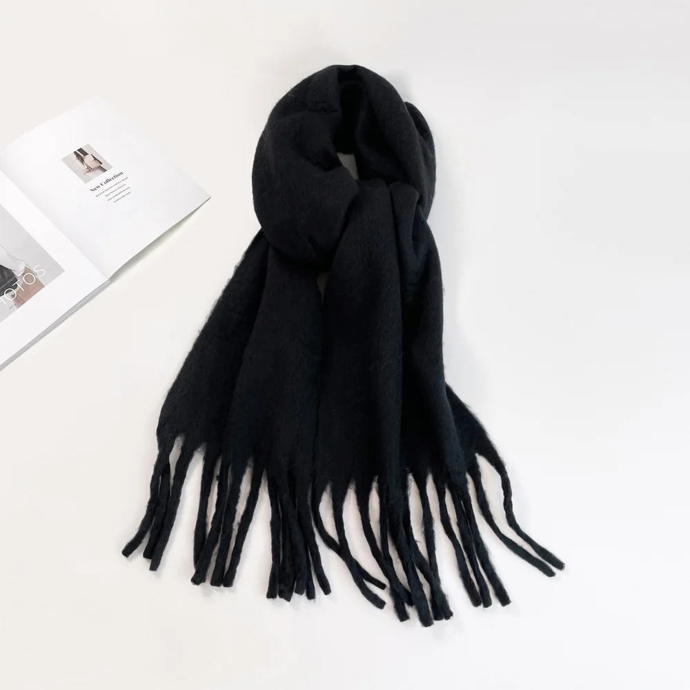 New Mohair Women Scarf Female Winter Warm Thickened Solid Color Long Scarves Soft Coarse Braid Tassel Shawl Viscose Wrap Shawls