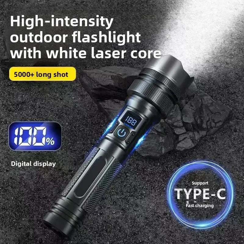High Power White Laser Flashlight Ultra Bright Long Range with Digital Display Rechargeable Emergency Light Outdoor Portable