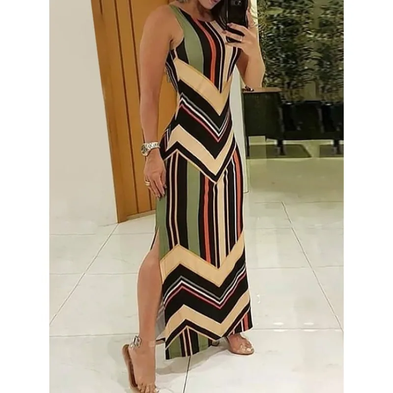 Fashion Geometric Striped Colorful Side Print Slit Sexy Maxi Dress Female Colorblock Sleeveless Long Dresses Slim