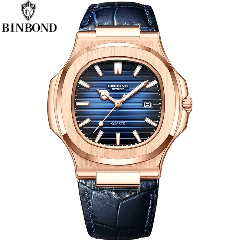 BINBOND New Authentic Youth Men's Quartz Watchwith Fashion Leather Strap Waterproof Luminous Calendar Luxury Business Men Watch