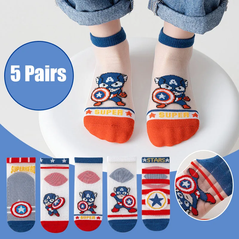 5 Pairs Cartoon Spiderman Iron Man Kids Socks Cotton Summer Thin Breathable Children socks Baby boys short socks 1-12 Y