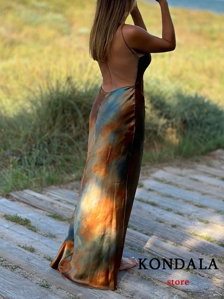 KONDALA Vintage Tie Dye Stampa Abito in Raso da Donna con Scollo a V Sexy Cami Dress Moda 2023 Estate Backless Vacanza Lungo Mujer Abiti