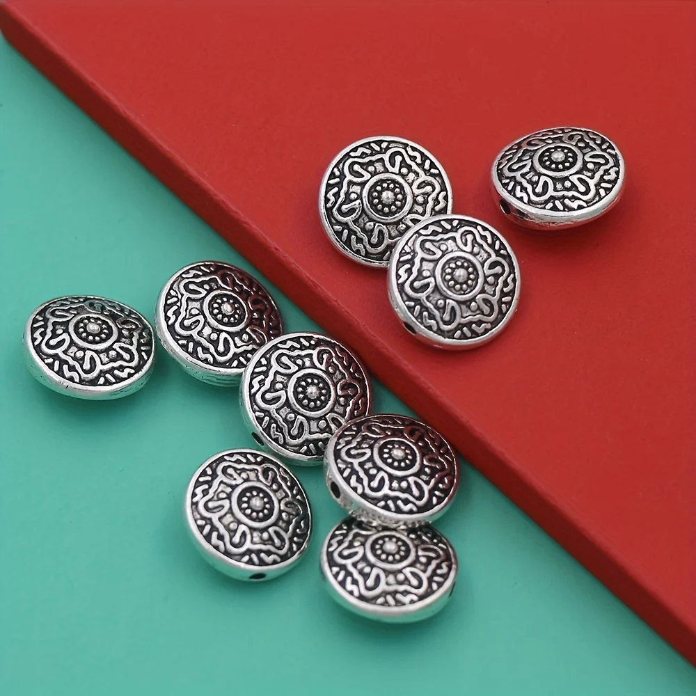 7pcs 14mm Antique Silver Flat Round Spacer Loose Beads Disc Filigree Pattern Alloy L586