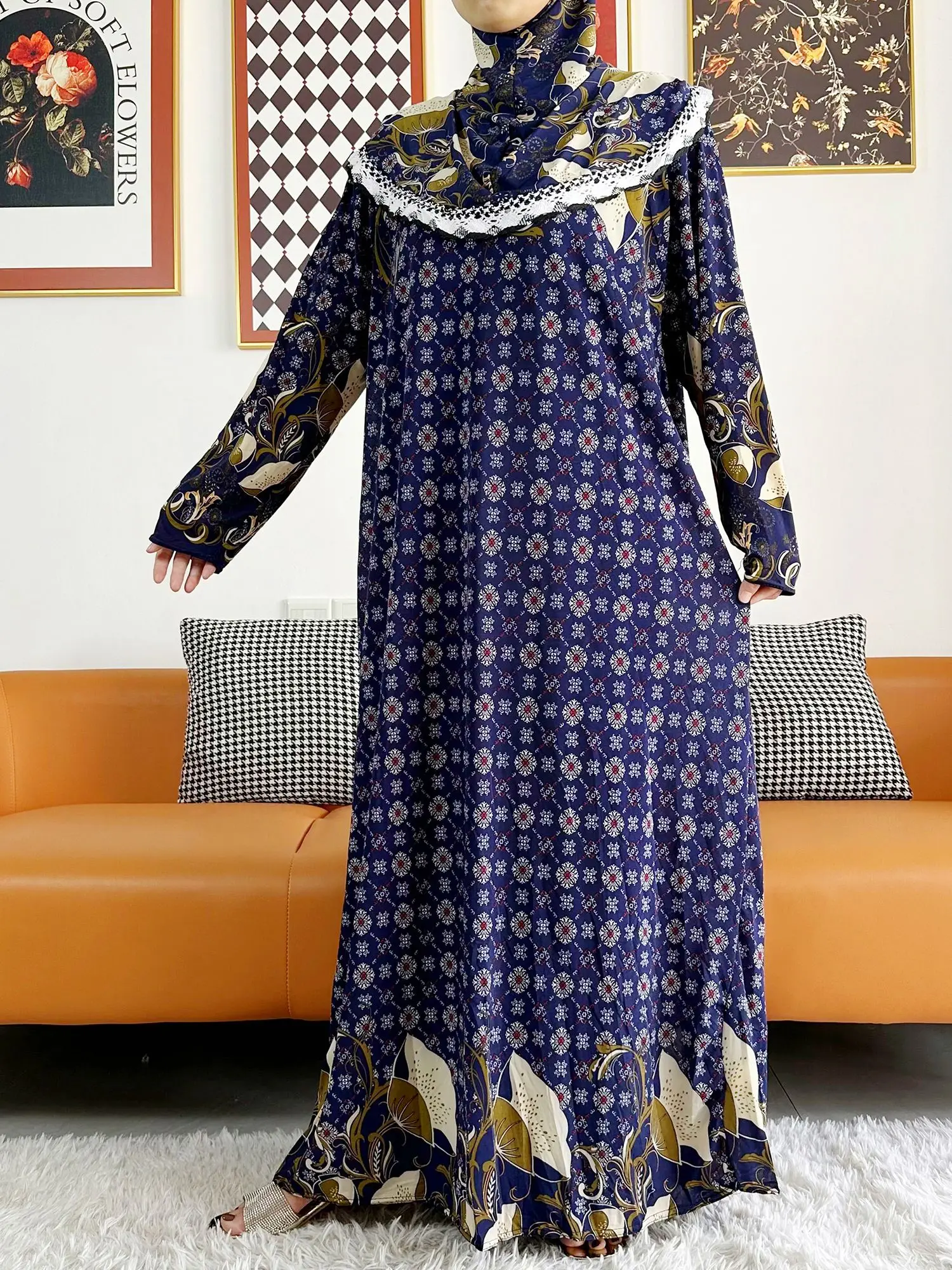 2023 Muslim Solid Cotton Abaya For Women Ramadan Prayer Garment Joint Hat Dubai Turkey Middle East Femme Robe Floral Loose Dress