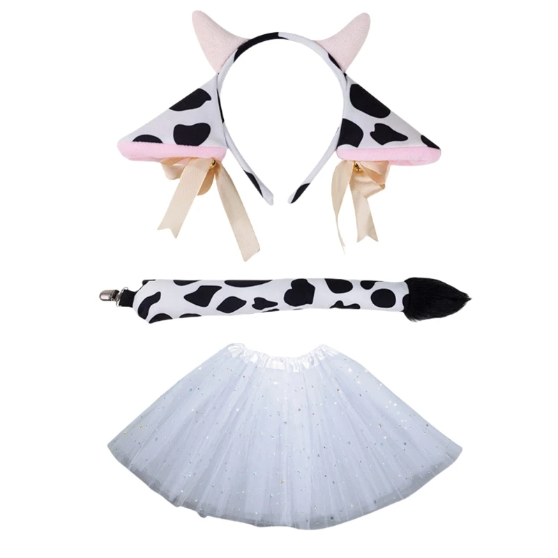 Cow Costume Set Lovely Cow Ear Hair Hoop Mesh Skirt Cow Ear Headband Plush Tail Bowtie Party Supplies for Halloween