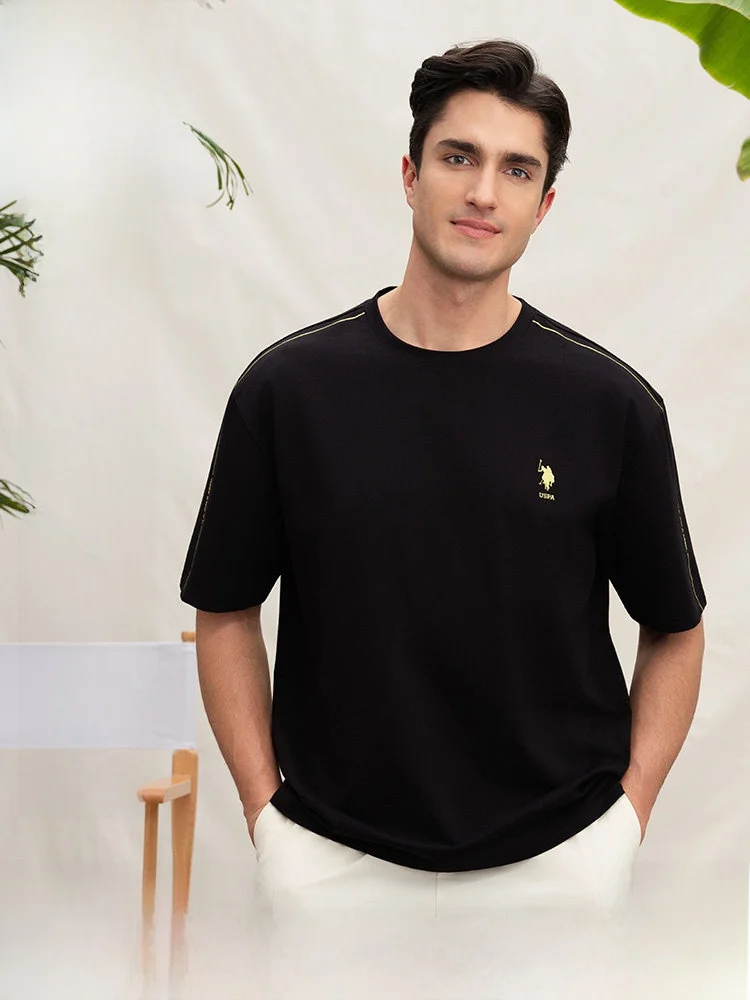 Camiseta de Manga Corta con Cuello Redondo, Estilo Casual, Ajuste Estándar USPA, Transpirable y Cómoda, para Hombre, Verano, Algodón y Poliéster de Alta Calidad