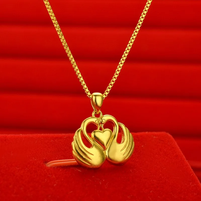 

AU999 Gold Necklace Fashion Sweet Swan 24K Pure Gold Pendant Necklace Female Jewelry Real Gold Clavicle Chain Goddess Gift