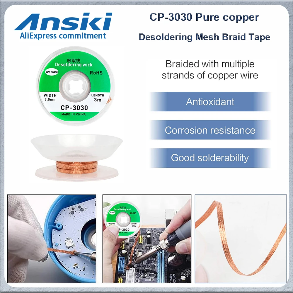 

Ansiki 3.0mm Desoldering Wick Pure copper Desoldering Mesh Braid for Solder Remover Wick Welding Tin Sucker PCB Soldering Tool