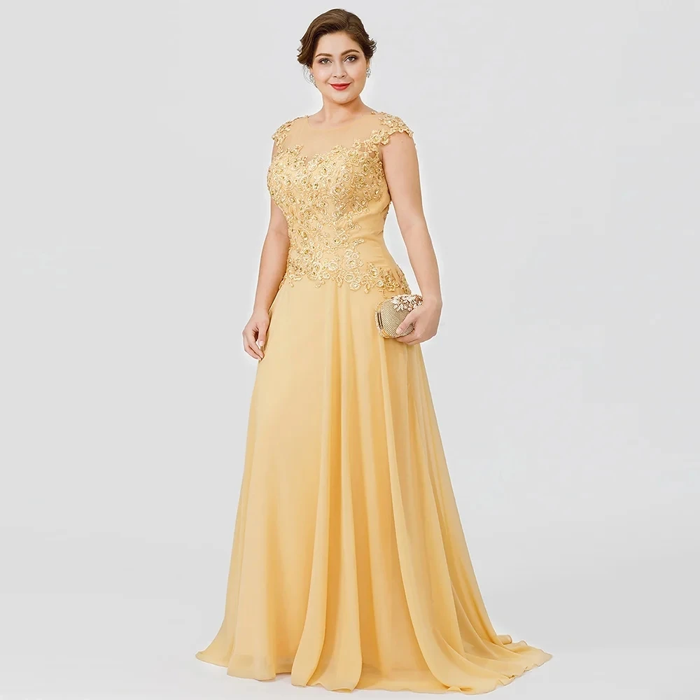 

Gold Mother of the Bride Dress Plus Size Wedding Guest Elegant Illusion Neck Sweep Train Chiffon Beaded Lace Formal Party Gowns
