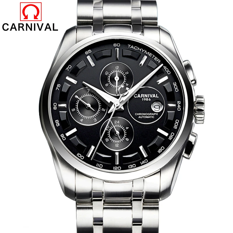 Switzerland Brand Carnival Mens Sport Skeleton Automatic Wristwatches Stainless Steel Case Chronograph Male Clock Relogio Reloj