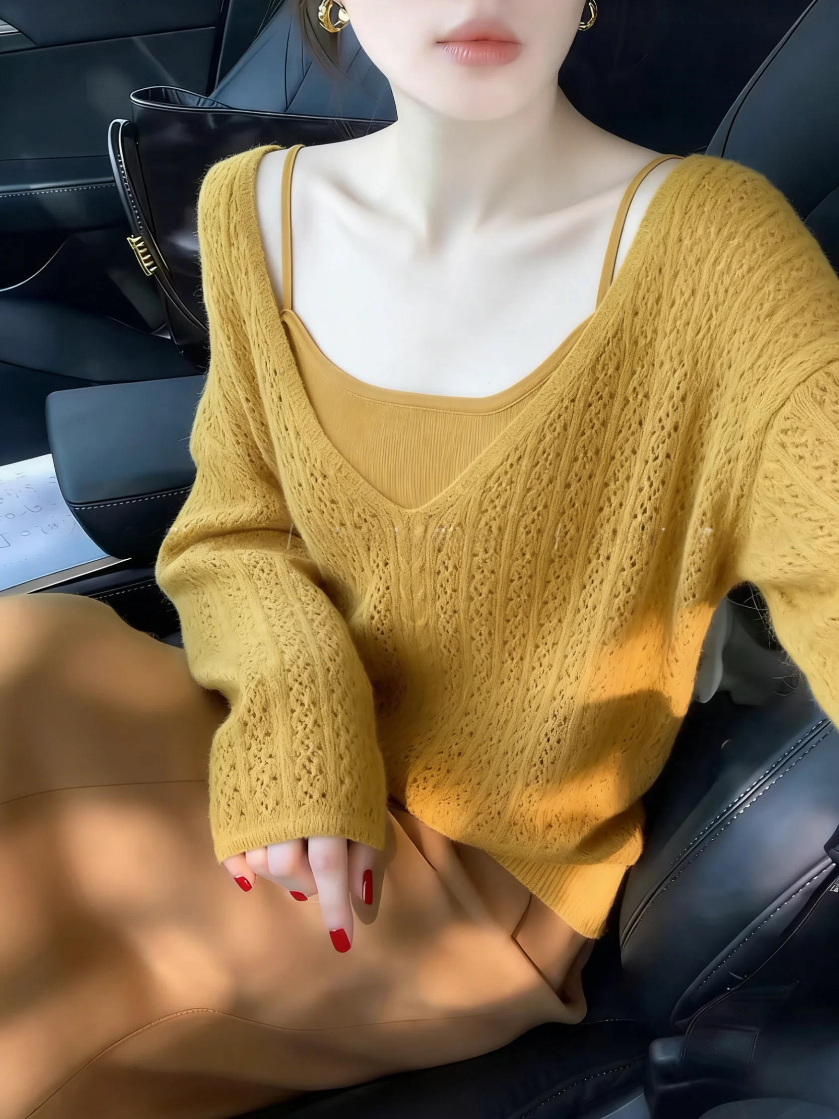 

Premium Knitted Long Sleeve Hollow out Bridesmaid Vest Top Women's Spring New Two-Piece Set V-Neck Straight Cut Silk Blend