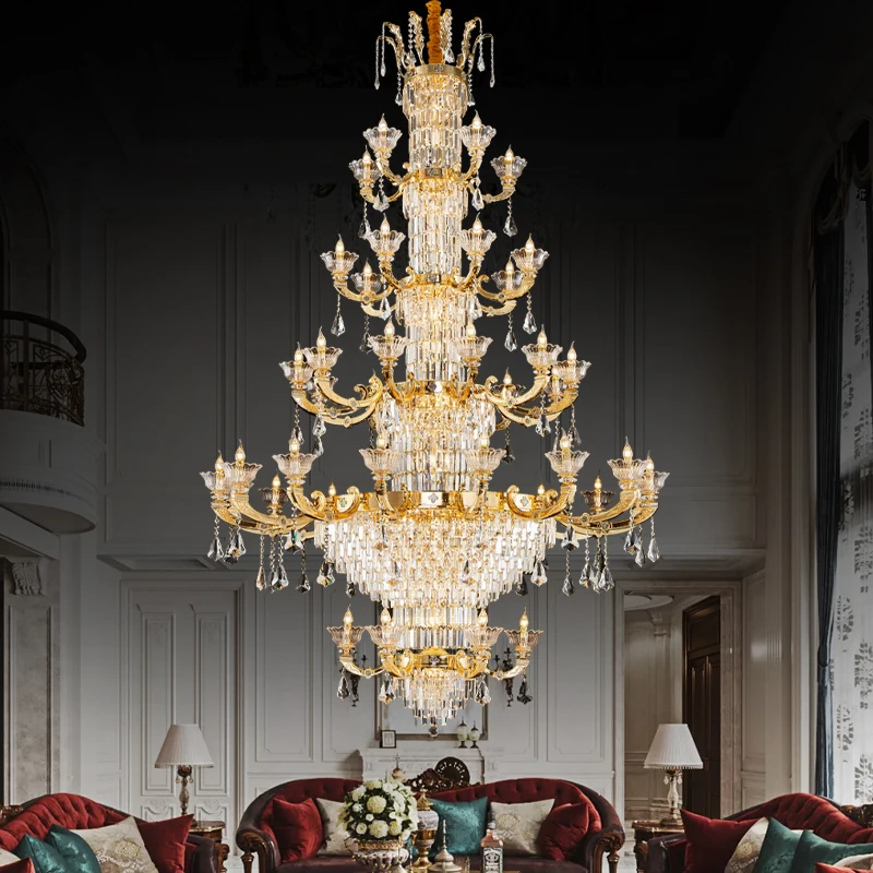 High-End Copper European French Crystal Chandelier Living Room European Copper Gold Villa Hollow Jump Floor Light Luxury Chandel