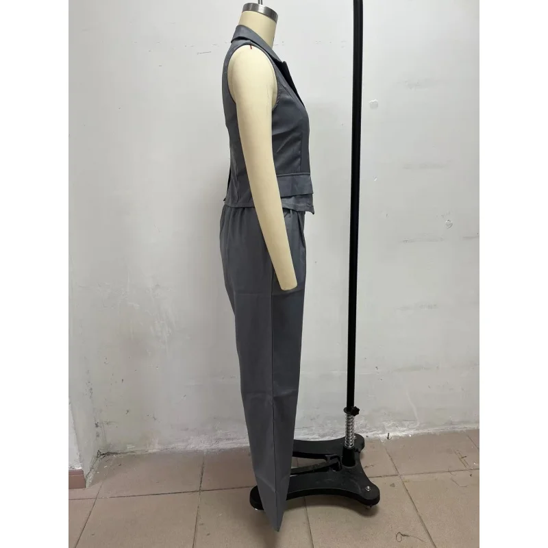 Damen 2-teiliges Outfit, ärmellose Weste mit Revers, hochtaillierte Hose mit weitem Bein, elegantes Büro-Formalanzug-Set, Business-Party-Partnerlook – Detail 10