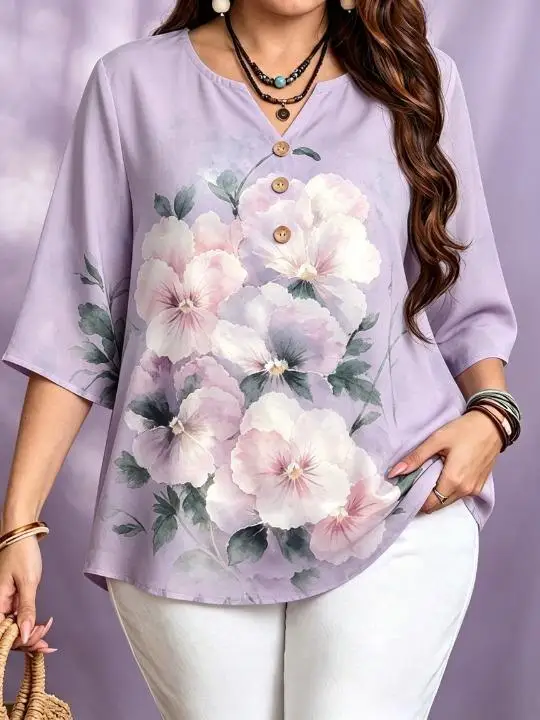 6 Colors Watercolor Floral Women Satin Blouses Notch V Neck 3 Decor Buttons 3/4 Sleeve Loose Elegant Daily Shirts